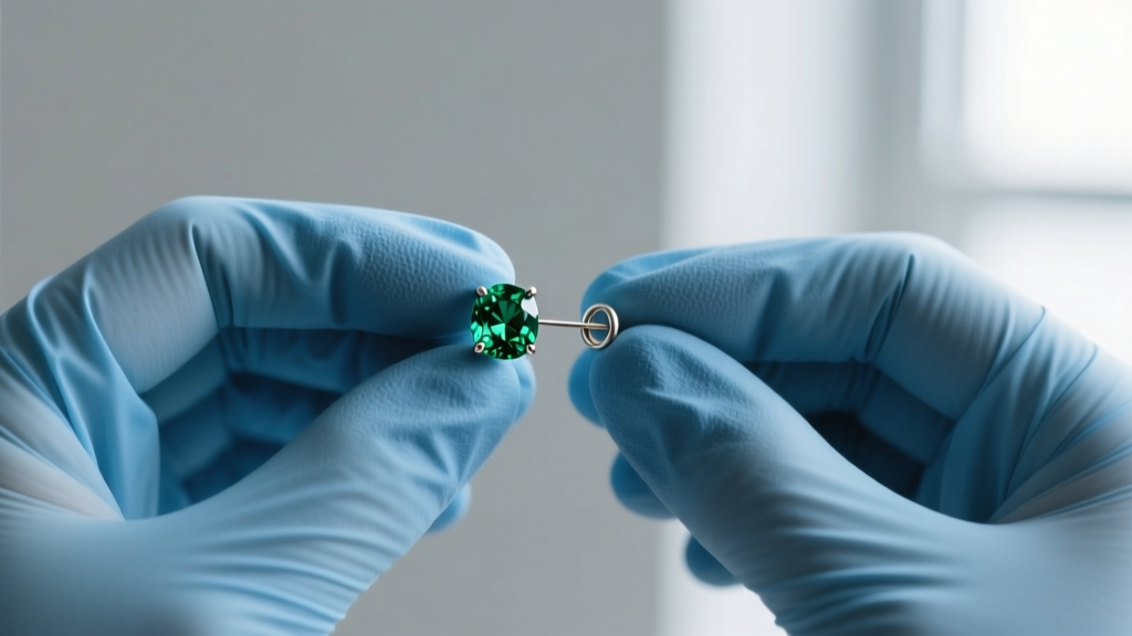 Hands in blue nitrile gloves gripping a small gemstone threadless earring end, demonstrating increased friction for safe removal.
