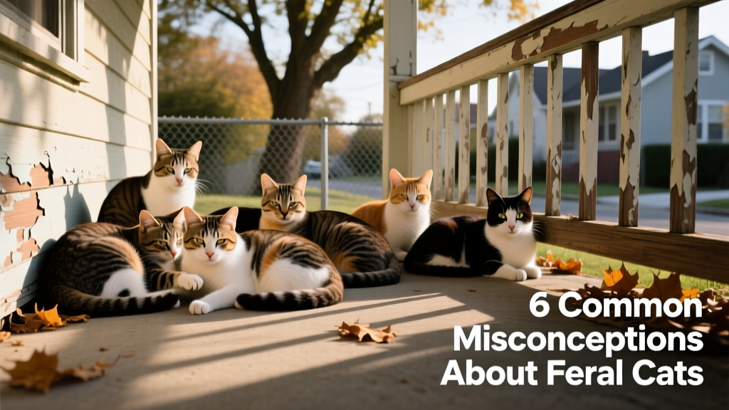 A group of feral cats resting together under a shaded porch in an urban neighborhood