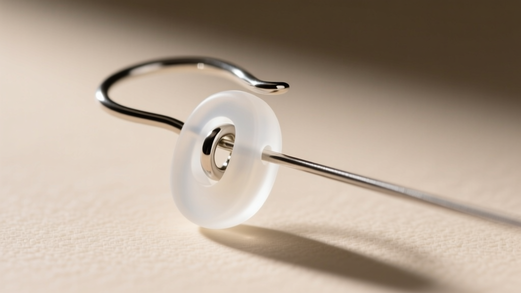 A clear silicone earring back clutch being slid onto a delicate 22-gauge sterling silver fish hook wire, shown from a side angle