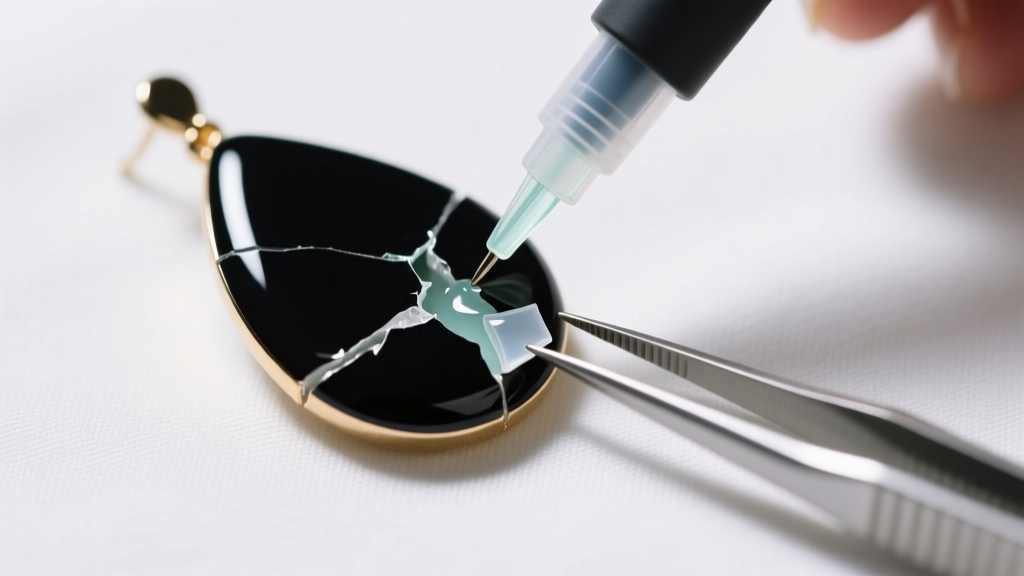 Overhead view showing a chipped black enamel teardrop earring being repaired using a fine UV resin pen and precision tweezers.