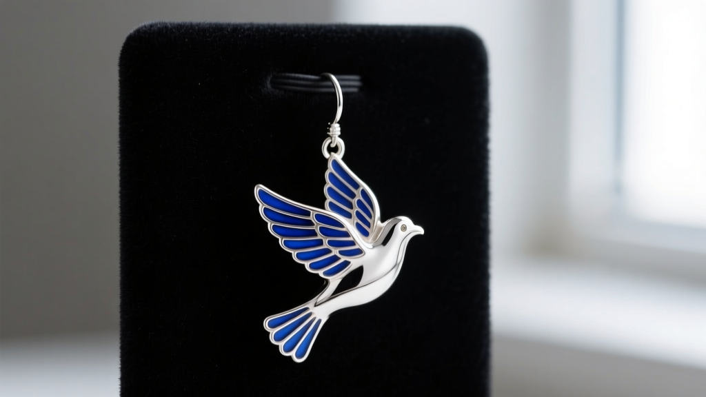 Macro shot of a sterling silver dangle dove earring featuring blue guilloché enamel wings, hanging from a velvet display stand.