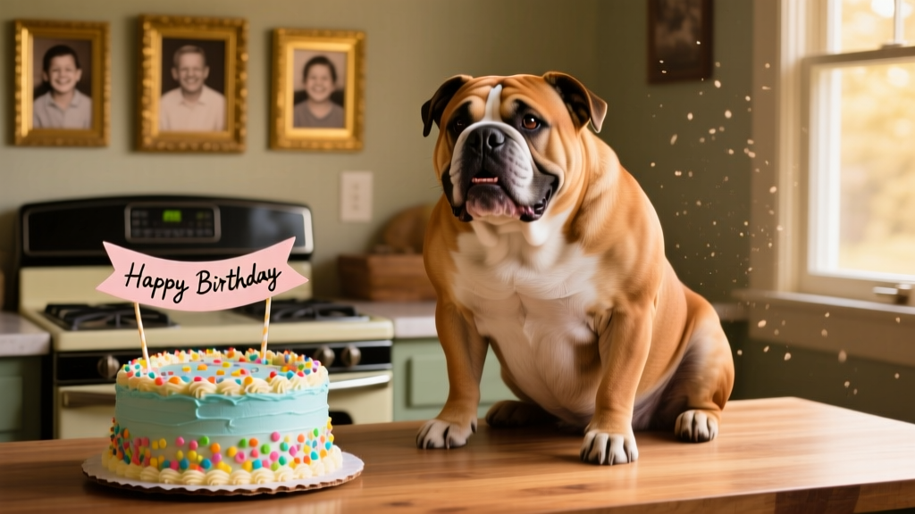 XL Bully sitting patiently beside a decorated birthday cake on a countertop, with framed family photos visible on the nearby stove
