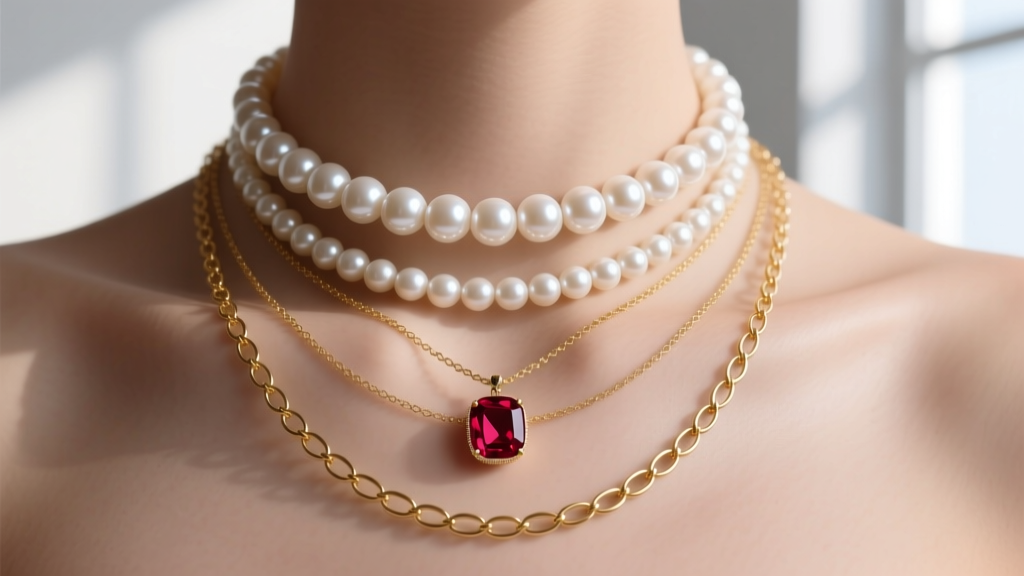 Layered necklaces showing a 15-inch pearl choker, 16-inch small ruby pendant, and 18-inch gold satellite chain on neutral skin