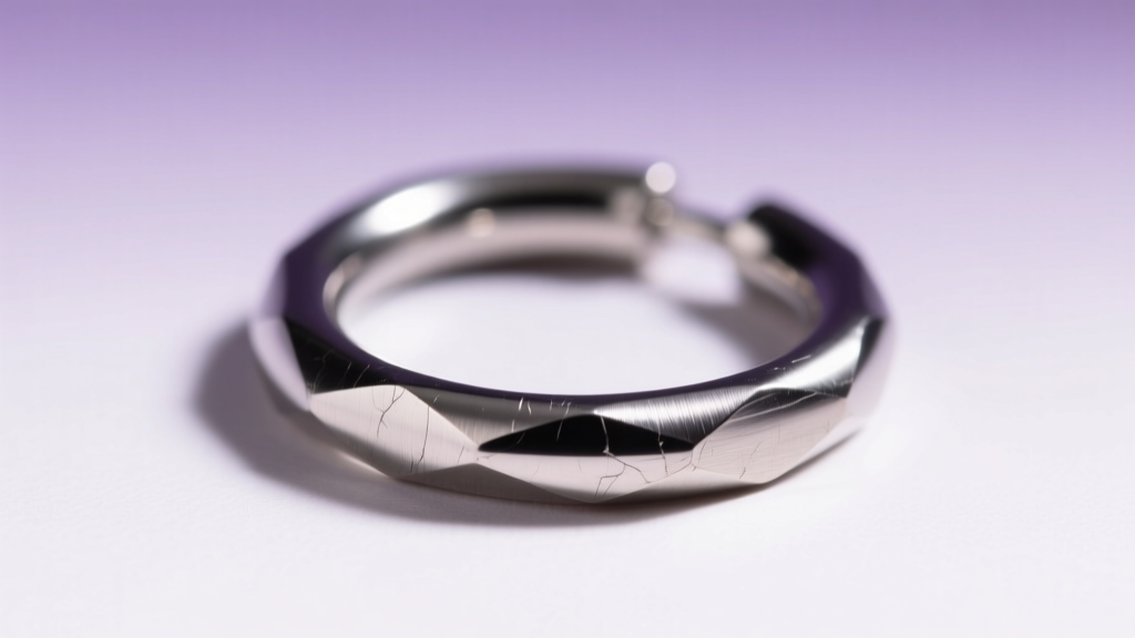 Macro shot of a 16-gauge surgical steel hoop, highlighting beveled ends and smooth metal grain against a soft pastel backdrop.