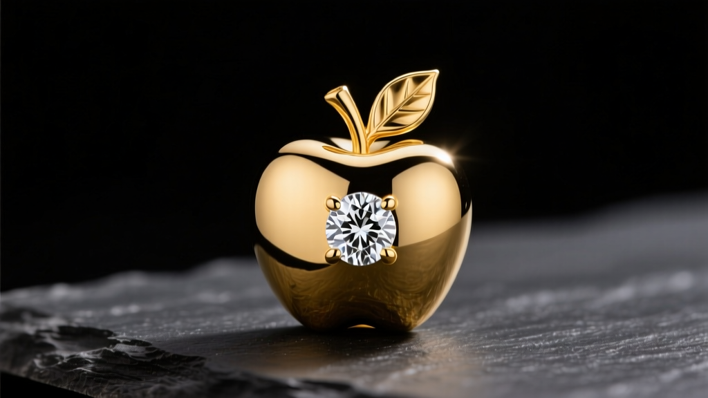 Polished 18k yellow gold apple pendant with a diamond leaf on dark slate under soft studio lighting, macro jewelry photography.