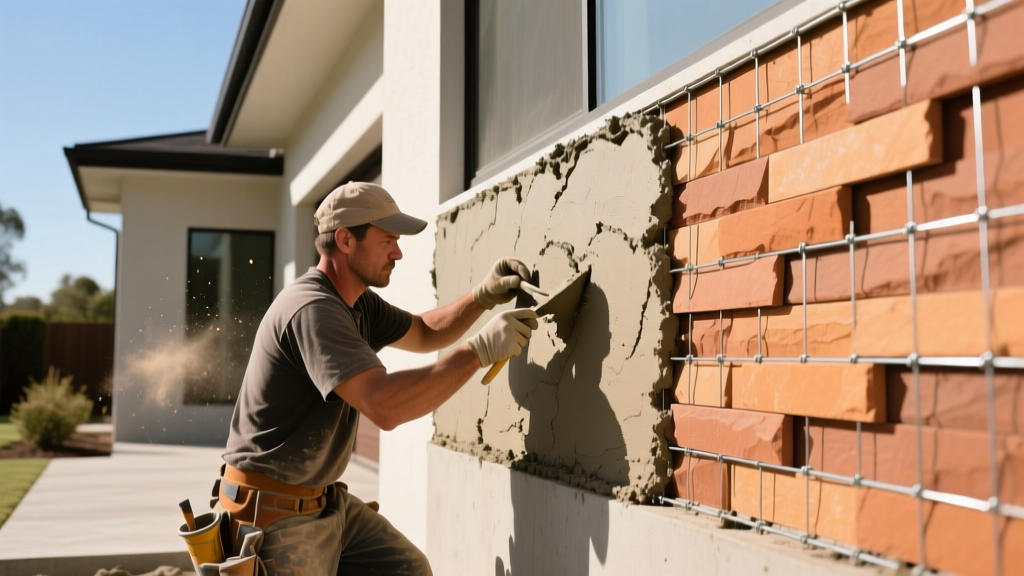 Mason applying mortar to wire lath before installing warm-toned manufactured stone veneer panels on a modern residential exterior wall