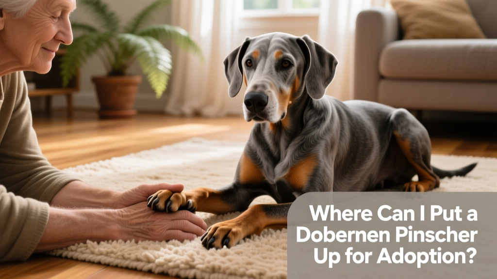 Two hands—one belonging to a caring adult, the other to a gentle senior Doberman—resting together peacefully on a soft rug