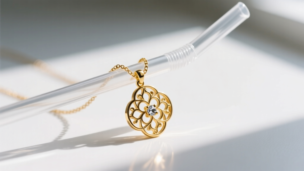 Close-up of a delicate gold pendant necklace threaded through a clear plastic straw to prevent tangling during travel packing.