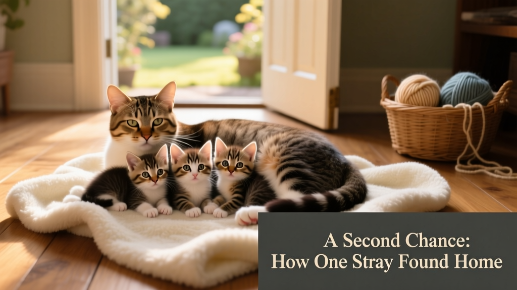 Four tiny, fluffy kittens nestled beside their relaxed mother on a soft fleece blanket