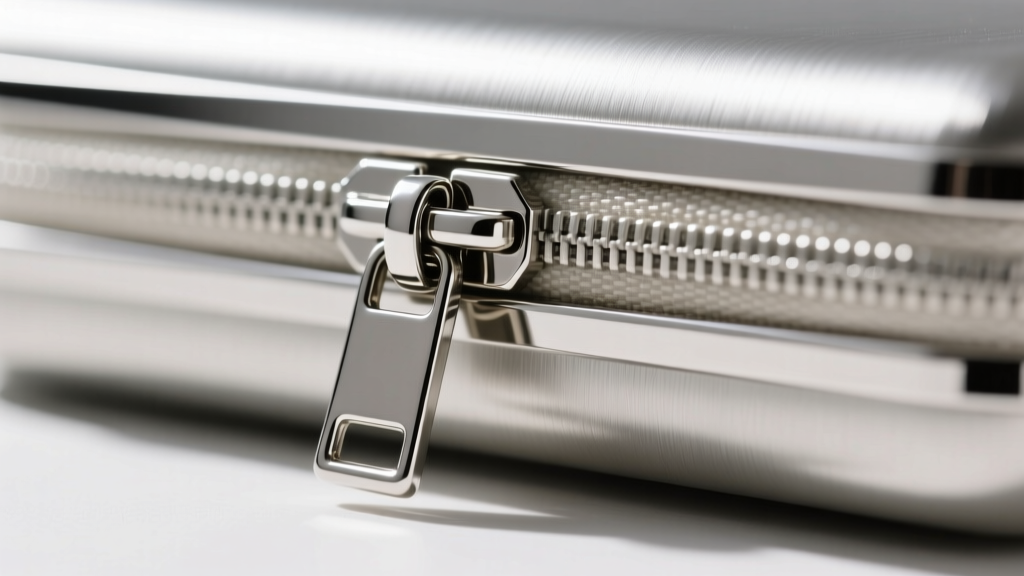 Silver metal zipper pull and alloy snap closure on a jewelry case, shot from a low angle highlighting the polished metal finish.