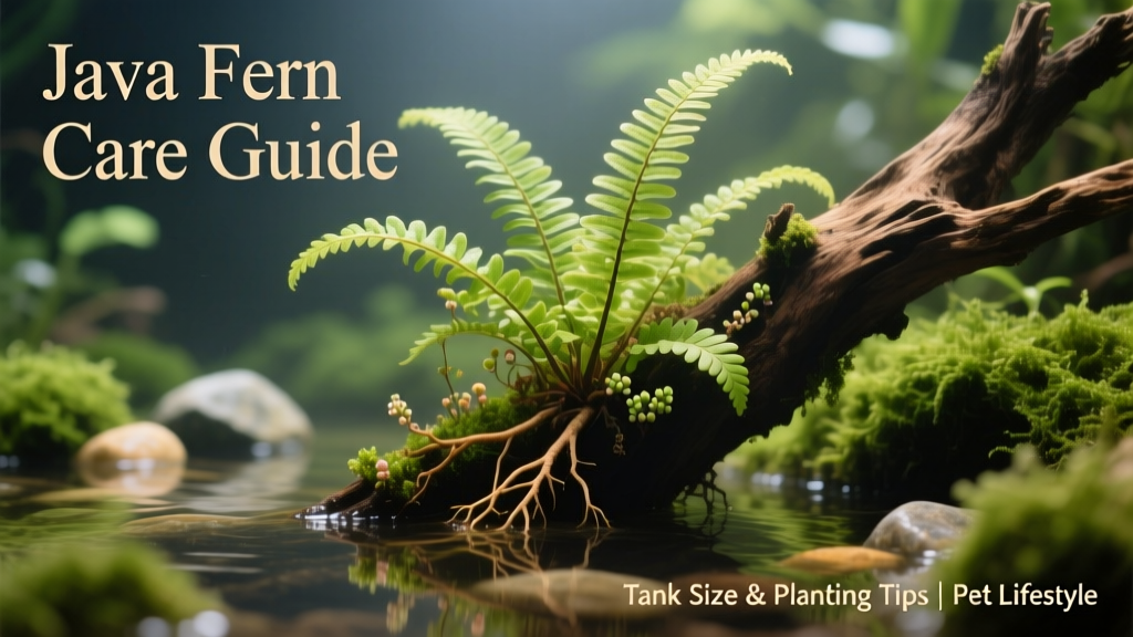 Java fern attached to a piece of driftwood in a lush, well-maintained aquarium