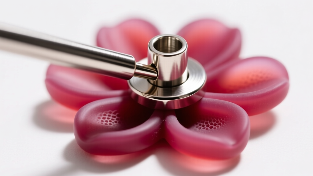Macro photography of an 18-gauge titanium earring post being inserted into a silicone jumbo earring back for heavy floral jewelry.