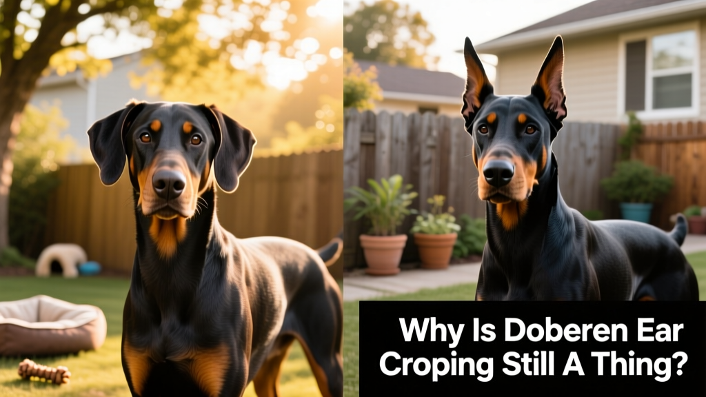 Side-by-side comparison: one Doberman with natural floppy ears, another with cropped, upright ears