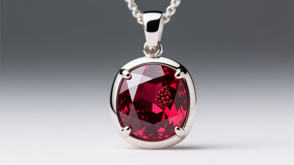 Macro shot of an unheated Mozambican ruby pendant in a platinum bezel, highlighting deep red saturation and crystal clarity.