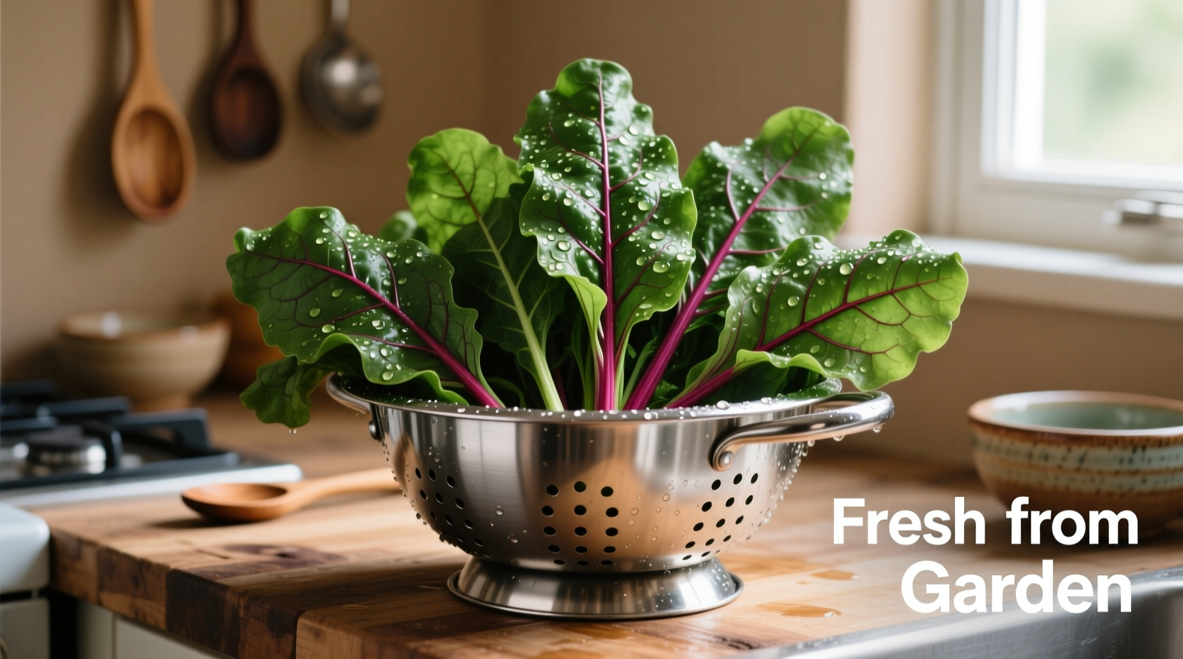 Freshly washed beet greens in colander