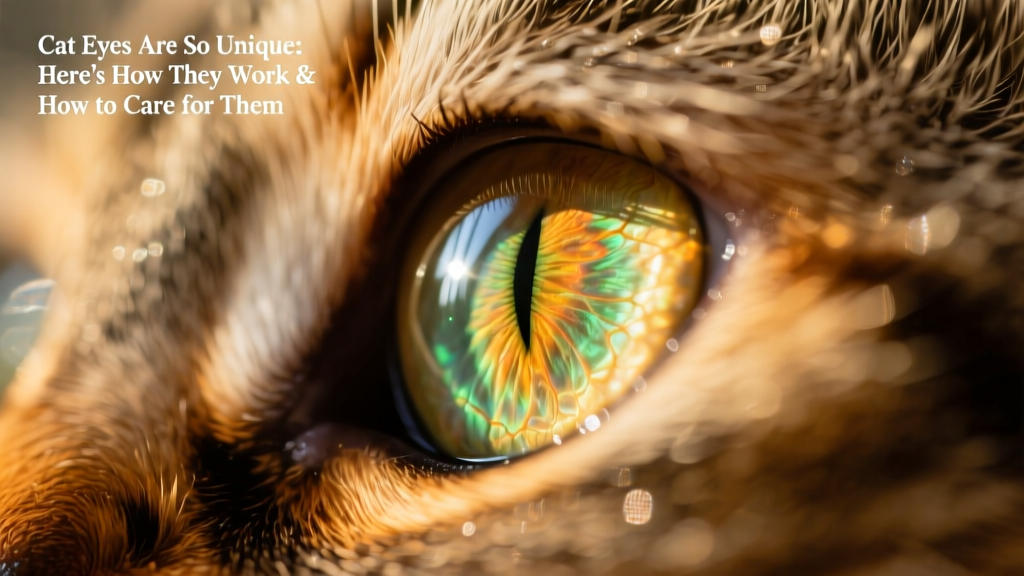 Close-up of a cat's eye showing its reflective tapetum lucidum and vertical pupil
