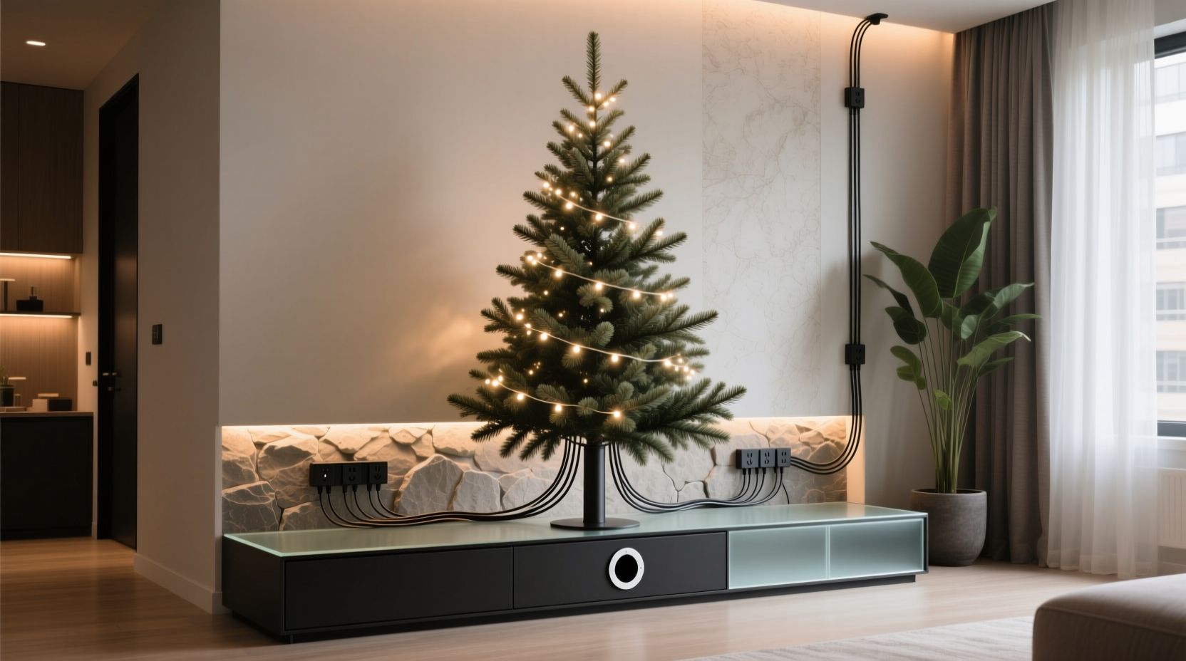 how to hide cords and power sources when decorating a christmas tree in an apartment