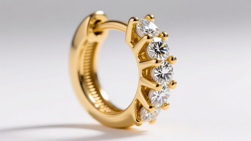 Macro shot of a 14k yellow gold diamond hoop earring showing a secure screw-back mechanism and precise prong stone setting details