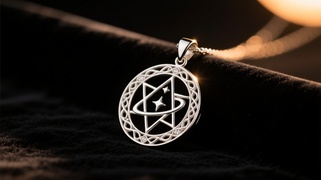 Sterling silver evenstar pendant resting on dark velvet, illuminated by soft warm twilight lighting in a jewelry studio