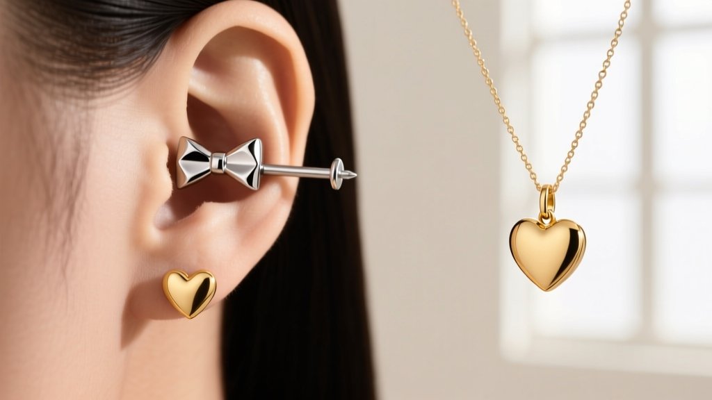 Side profile of a 16-gauge titanium bow stud in the helix, a lobe heart earring, and a matching tiny gold heart pendant necklace.