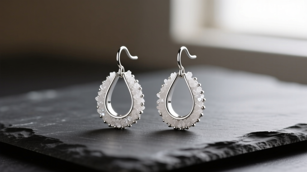 Sterling silver margarita glass drop earrings on dark slate, showing textured salt rim and polished stem in soft light.