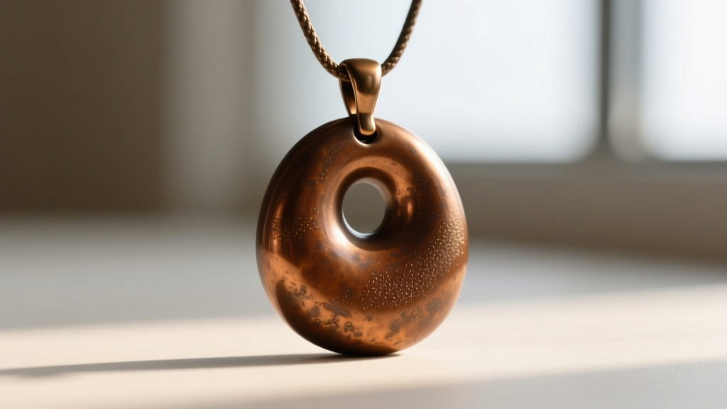 Close-up of cast silicon bronze pendant buffed with microcrystalline wax to seal warm brown organic patina against skin oils.