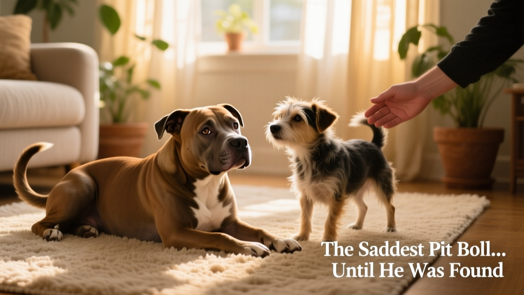 A calm, relaxed Pit Bull resting beside a small mixed-breed dog on a cozy living room rug