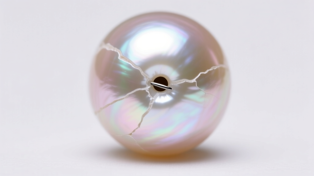 Extreme close-up of a half-drilled 8mm round pearl showing a precise 0.7mm drill hole and clean nacre edges without blowout.