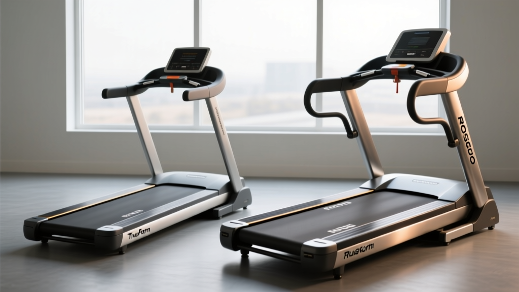 Side-by-side comparison of a TrueForm Runner and Rogue Echo curved treadmill showing differences in belt slat width and handrail height