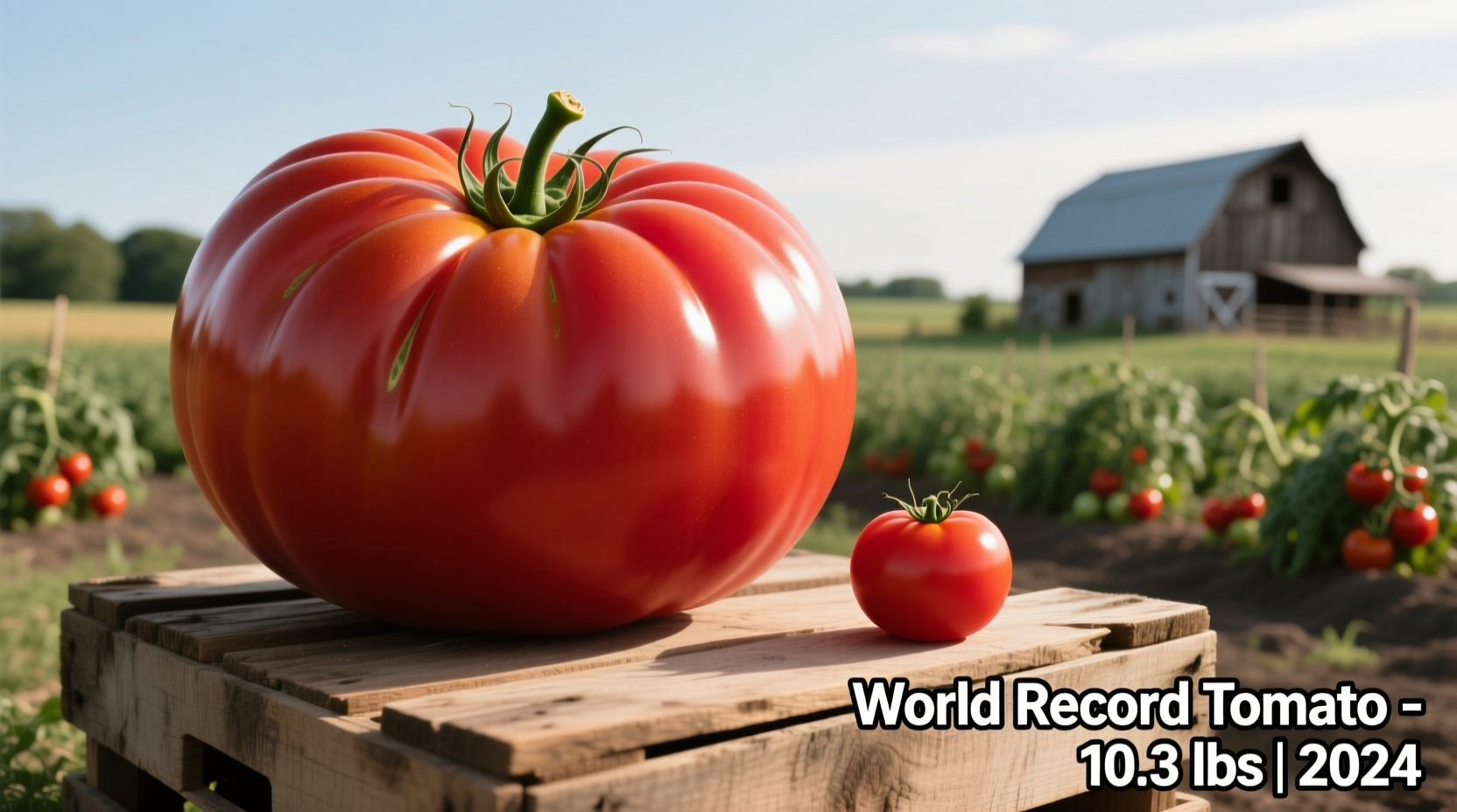 World record giant tomato next to standard tomato for size comparison