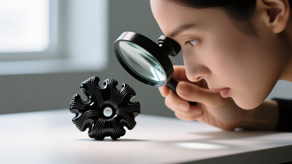 Jeweler using a loupe to inspect a black coral bead, revealing natural growth rings and the protein-based texture of the gem.