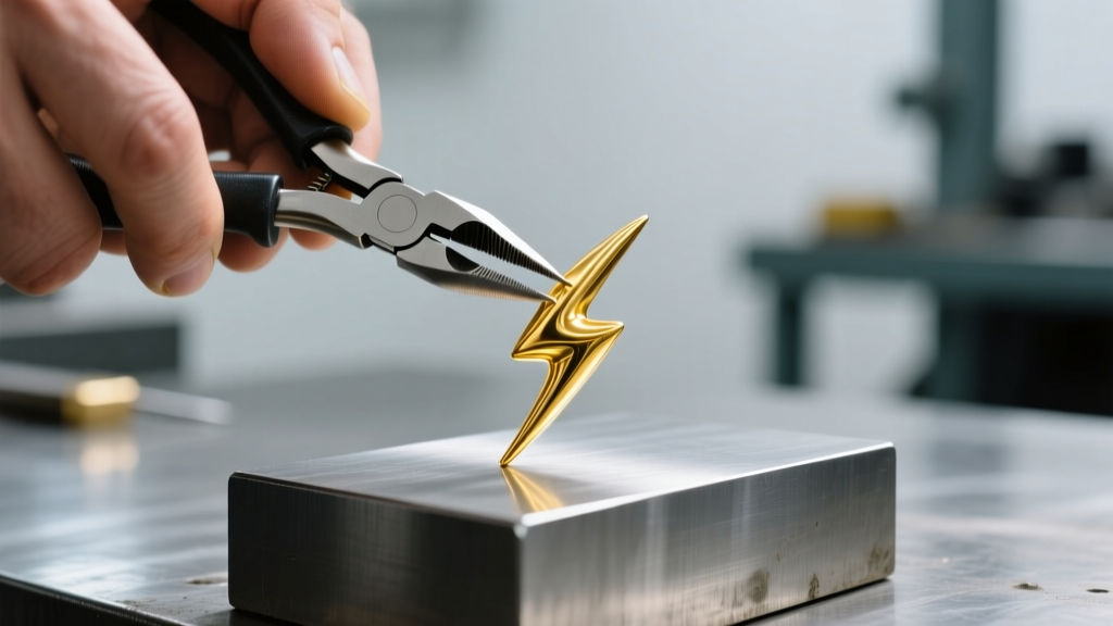 Hands using nylon pliers to gently reshape a bent 14k gold lightning bolt on a steel bench block under bright workshop lighting.