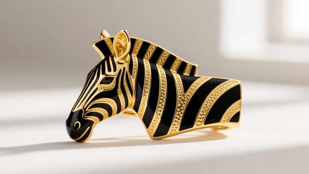 Front view of a David Webb 18k yellow gold and black enamel zebra earclip, showing detailed hammer-finished gold textures.