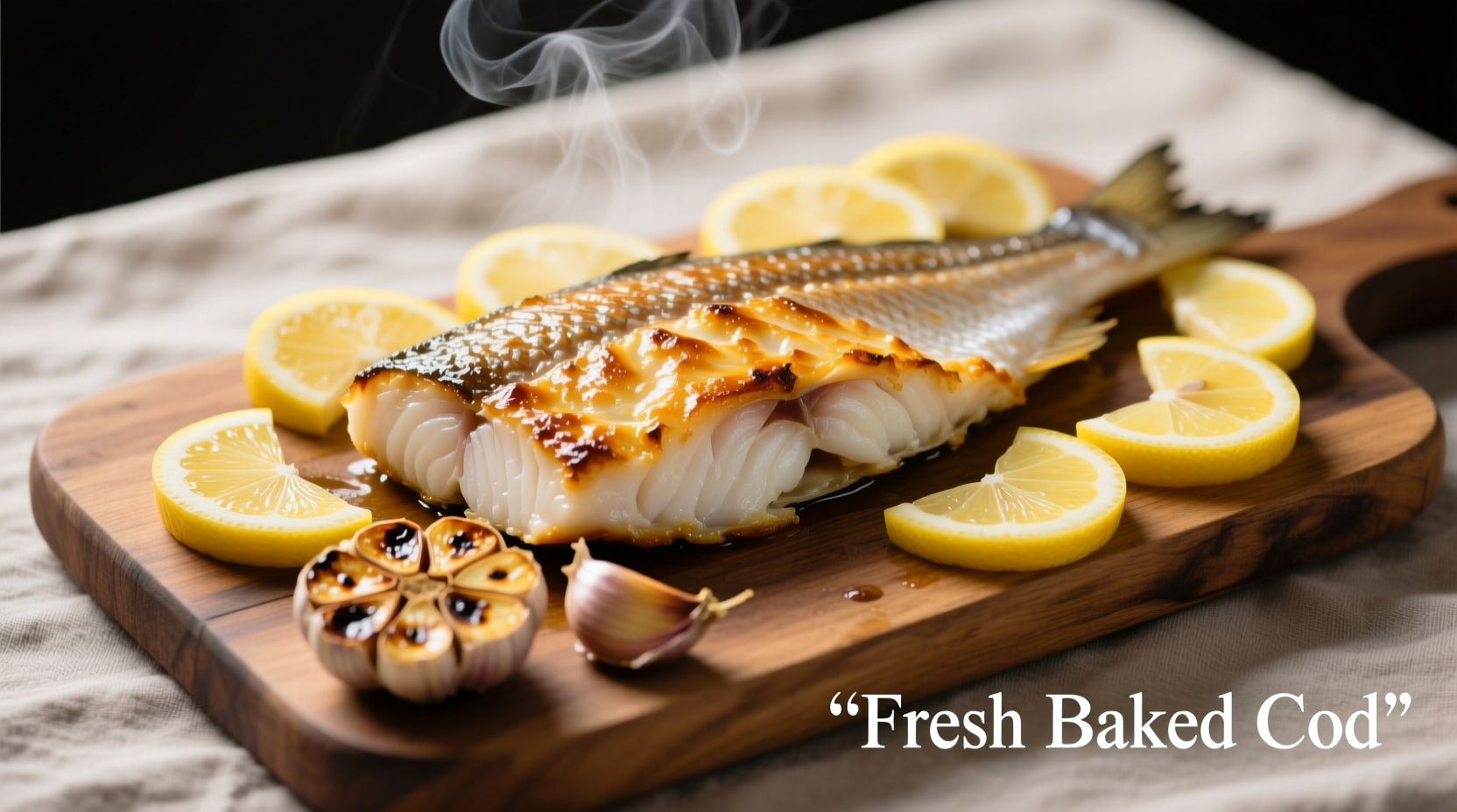 Baked cod fillet with lemon slices and garlic cloves