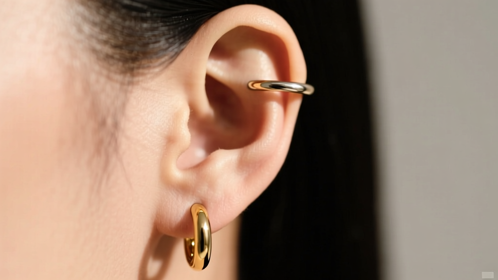 Ear close-up wearing a 2 piece earring set with an 18g gold huggie on the lobe and a 16g titanium helix cuff, side profile view