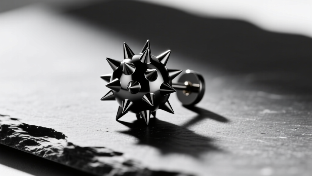 Macro shot of matte black titanium spiky ball stud earring on slate, side lighting highlighting sharp points and metallic texture.