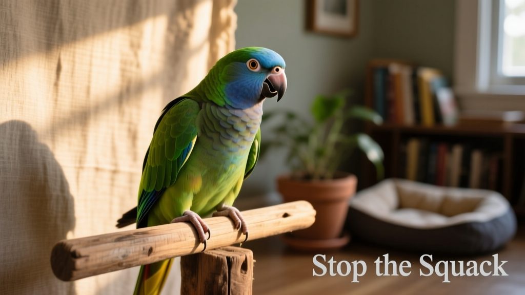 A calm Pionus parrot making a soft lip-smacking sound