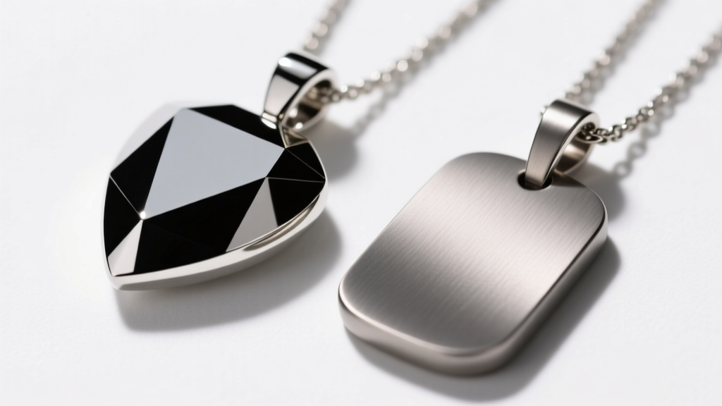 Macro comparison of polished tungsten carbide and matte titanium pendants, highlighting distinct surface reflections.