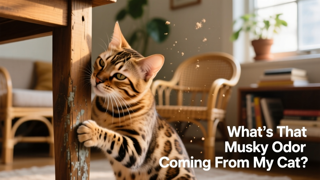 Close-up of a Bengal cat rubbing her cheek against a wooden furniture leg