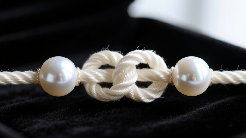 Close-up macro photo of a hand-tied overhand knot in ivory silk thread between two round white Akoya pearls on dark velvet.