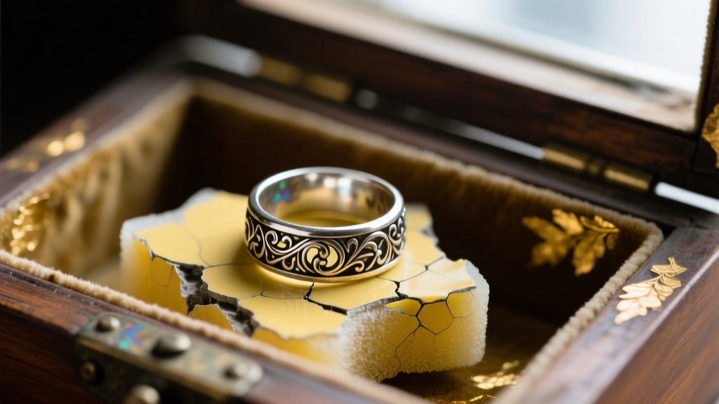 Macro shot of a tarnished silver ring on degraded, acidic vintage polyurethane foam inside an antique jewelry box compartment.