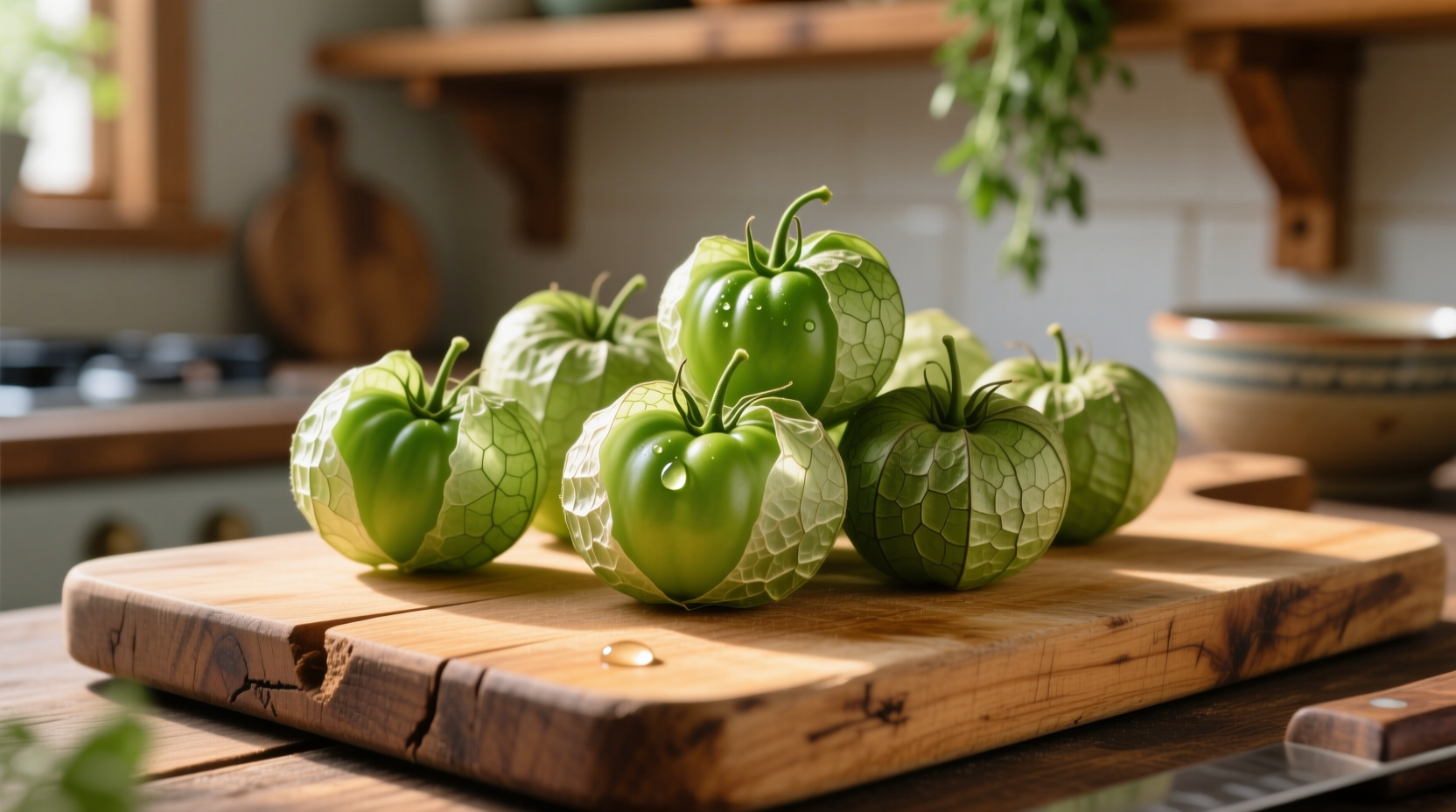 Fresh tomatillos in husks on wooden cutting board