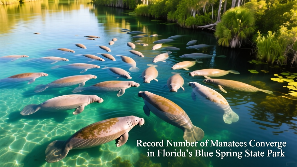 Aerial view of dozens of manatees gathered together in the clear, spring-fed waters of Blue Spring State Park