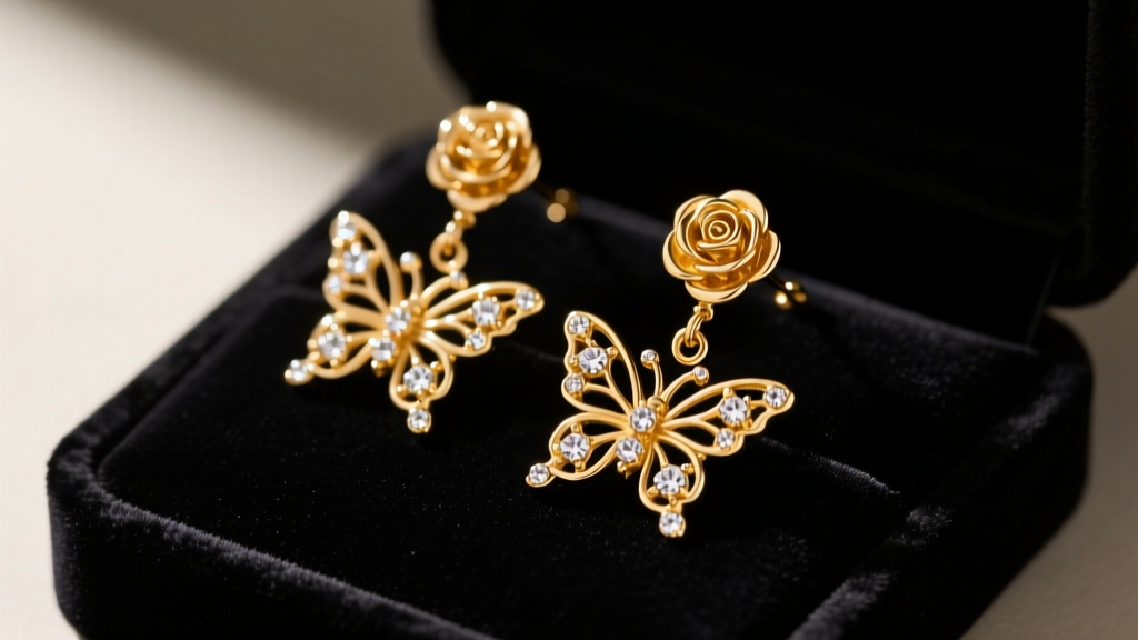 Close-up of vintage 1990s Anna Sui gold-tone butterfly and rose motif drop earrings resting on a dark velvet jewelry display pad.
