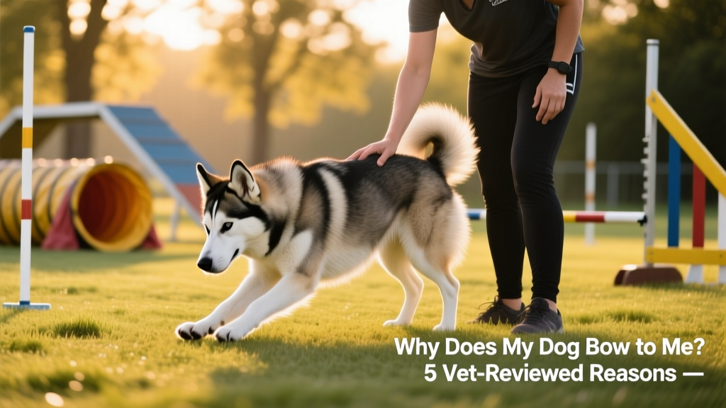 Husky mix dog in Agility dog track performing tricks with dog trainer and Dog is performing a bow
