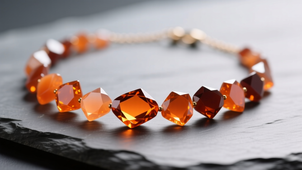 Carnelian chip necklace on slate, showing translucent edges and irregular facets of orange gemstones under soft studio light.