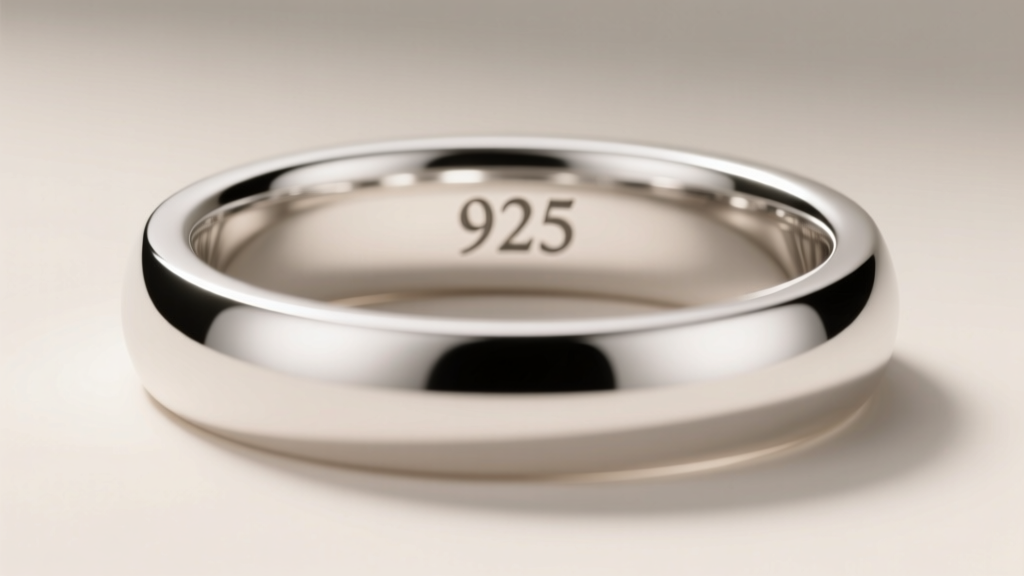 Macro shot of a polished sterling silver ring band showing a crisp 925 hallmark stamped inside the shank under soft studio lighting.