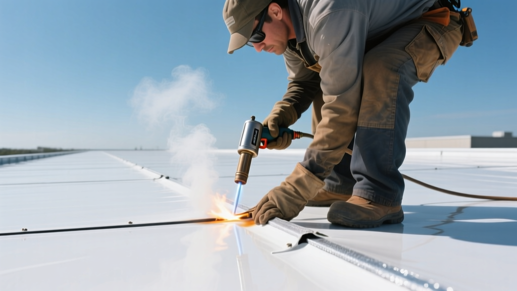 Roofer using a hot air welding gun to repair a seam on a white reflective TPO single-ply commercial roof membrane.