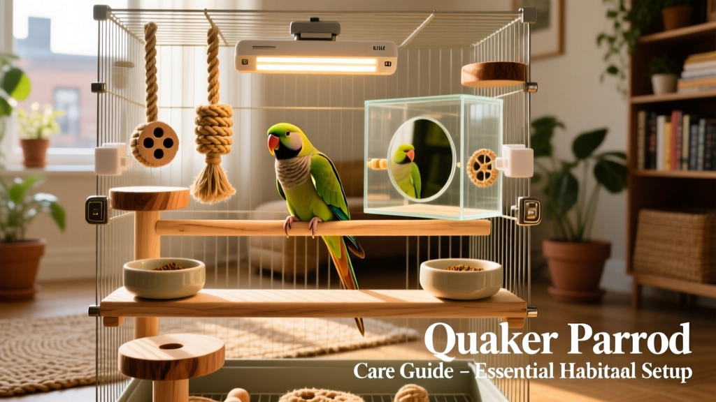 A well-organized Quaker parrot cage featuring varied perches, hanging toys, separate food/water bowls, and UV lighting positioned safely above the perch