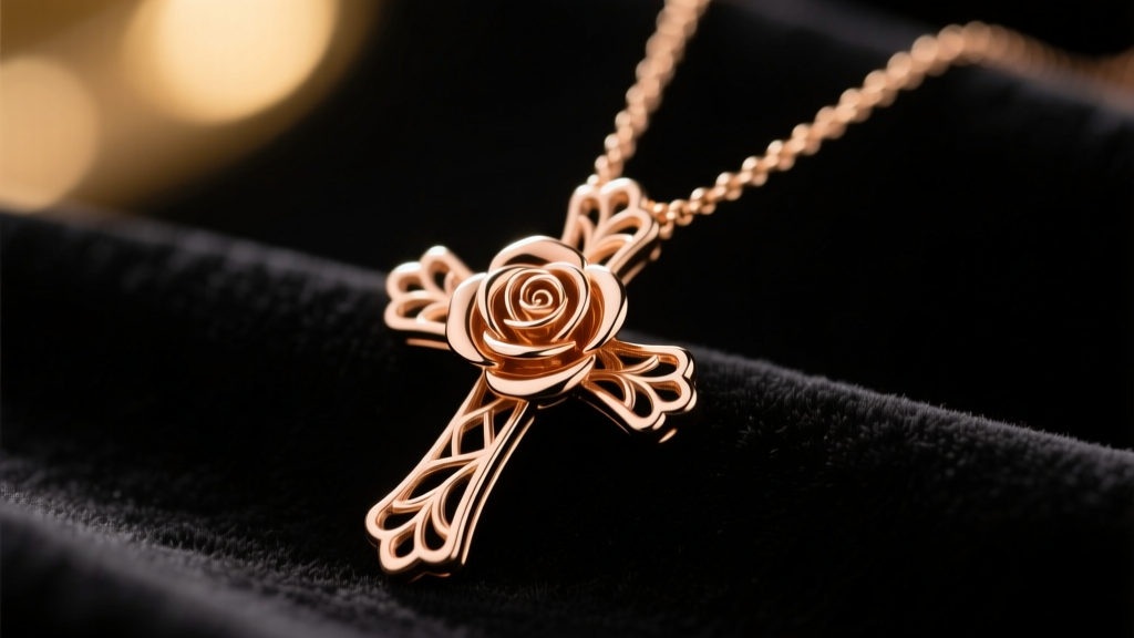 Close-up of a 14k rose gold rose cross necklace on dark velvet, lit by soft warm directional studio lighting.